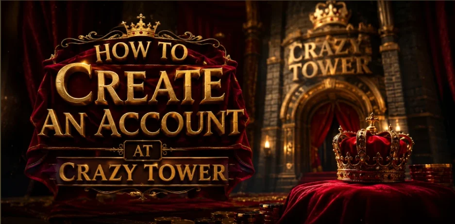 How to create an account at Crazy Tower casino banner with a golden crown beside a castle tower