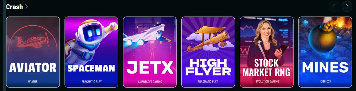 Crash game tiles Aviator, Spaceman, JetX and High Flyer from an instant games lobby row